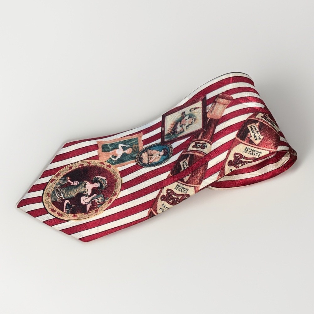 VTG 90's Pepsi Cola Advertising Silk Tie Red White‎ Striped Soda Bottle Novelty